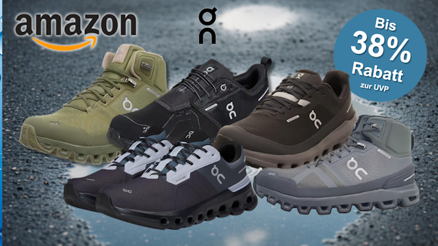 Zwei wasserdichte On Sneaker Modelle vor einem Wassertropfen Hintergrund.