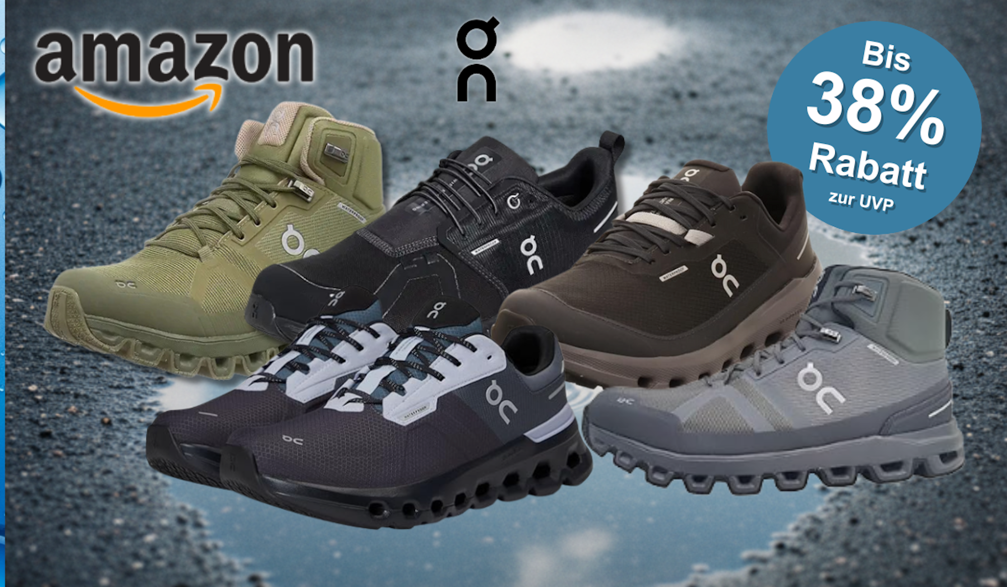 Zwei wasserdichte On Sneaker Modelle vor einem Wassertropfen Hintergrund.