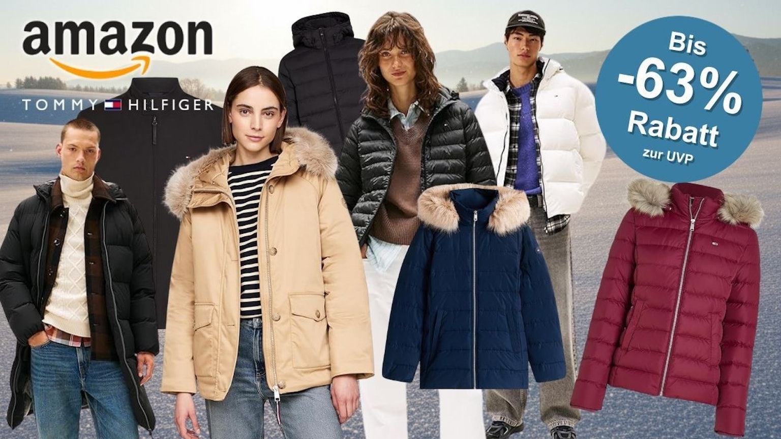 Verschiedene Models tragen Winterjacken für Damen und Herren von Tommy Hilfiger vor einer verschneiten Fläche in der Natur.