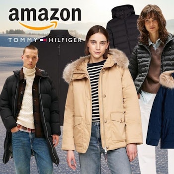 Verschiedene Models tragen Winterjacken für Damen und Herren von Tommy Hilfiger vor einer verschneiten Fläche in der Natur.