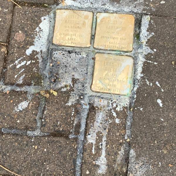 Drei Stolpersteine auf dem Mauritiussteinweg, die mit weißen Flüssigkeit übergossen wurden.