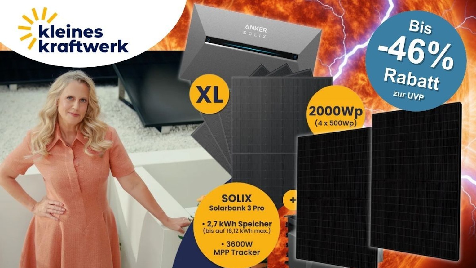 Kleines Kraftwerk Balkonkraftwerk mit Anker Solix Solarbank 3 Pro und Solar-Panelen vor einem glühenden Sonnenball, daneben Barbara Schöneberger auf einer Dachterrasse mit Balkonkraftwerk.