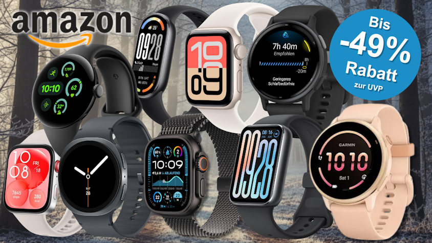 Ein verschneiter Park an einem Wintertag, davor Smartwatches von Apple, Samsung, Garmin, Google, Xiaomi.