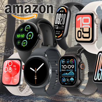 Ein verschneiter Park an einem Wintertag, davor Smartwatches von Apple, Samsung, Garmin, Google, Xiaomi.