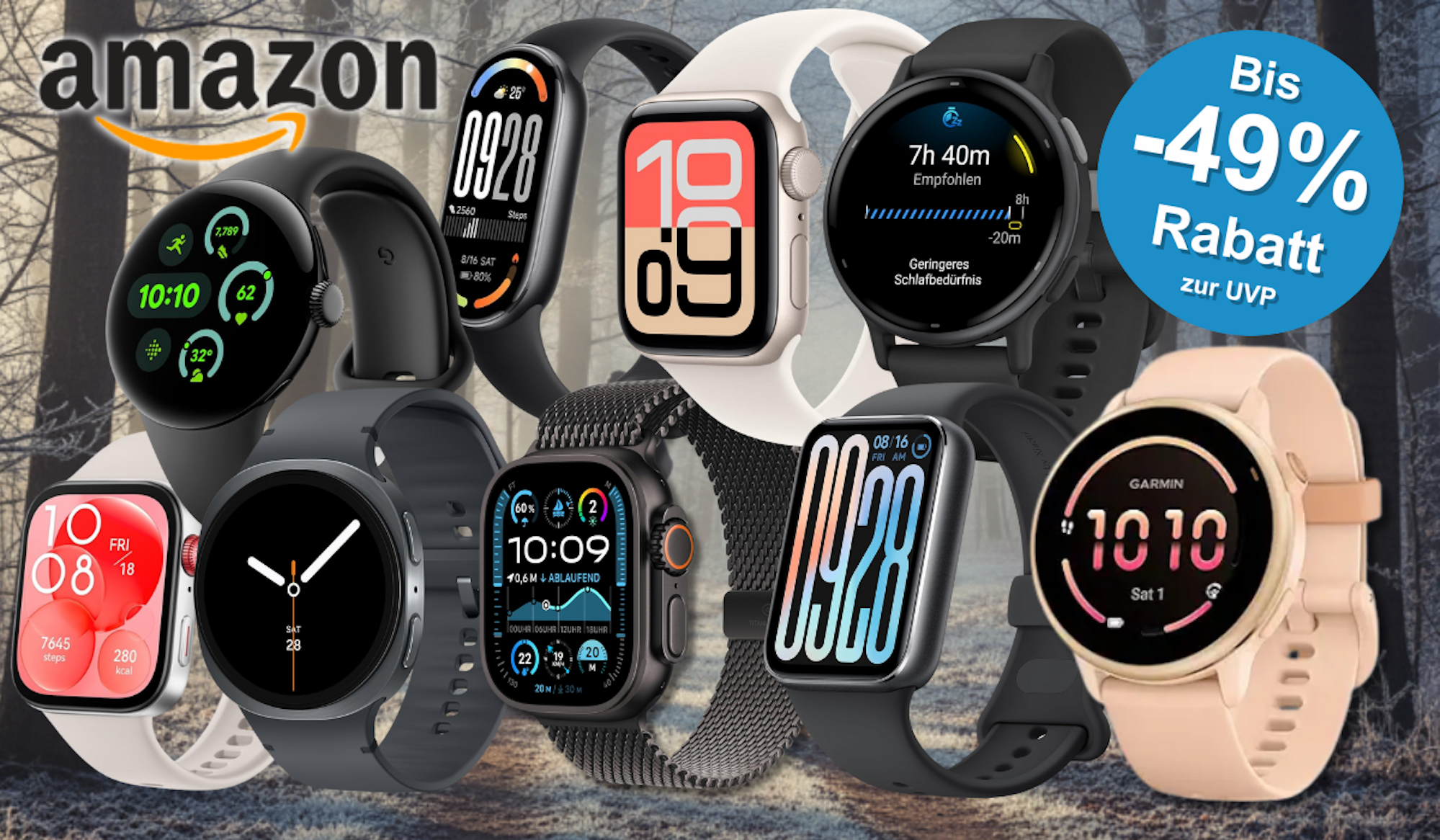 Ein verschneiter Park an einem Wintertag, davor Smartwatches von Apple, Samsung, Garmin, Google, Xiaomi.
