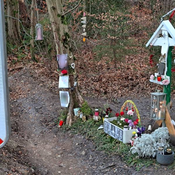 Neben einer Straße mit rot-weißen Warntafeln in einer Kurve steht ein Kreuz, das an einen tödlichen Unfall erinnert.
