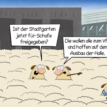 Zahlreiche Schafe stehen vor der Schwalbe-Arena. Drei Schafe gucken aus der Menge heraus, eins trägt einen Schal des VfL Gummersbach um den Hals. Zwei andere Schafe unterhalten sich. Das eine fragt:„ Ist der Stadtgarten jetzt für Schafe freigegeben?“ Das andere antwortet: „Die wollen alle zum VfL und hoffen auf den Ausbau der Halle. “