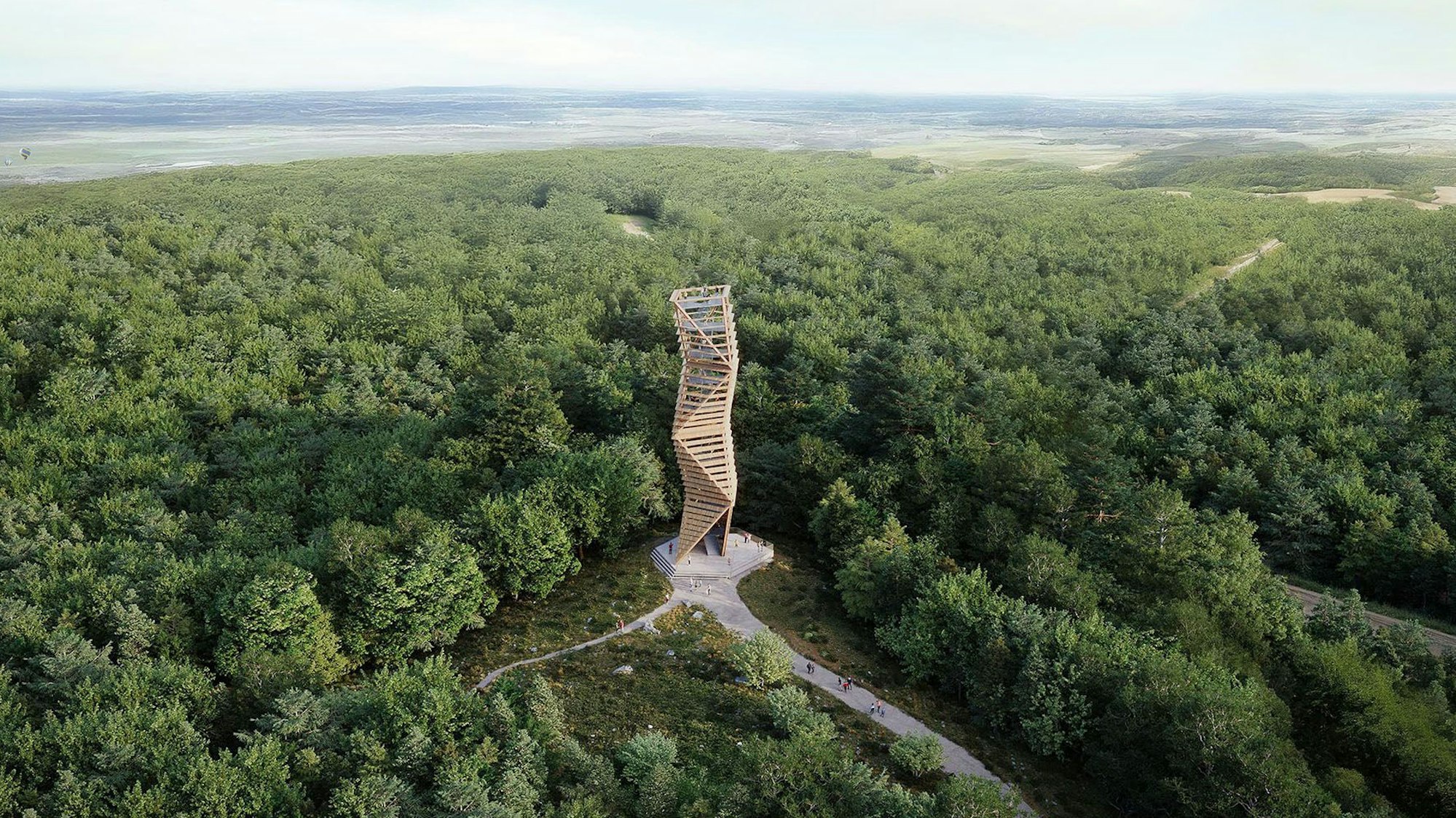 Das Bild zeigt den Turm inmitten der bewaldeten Sophienhöhe.