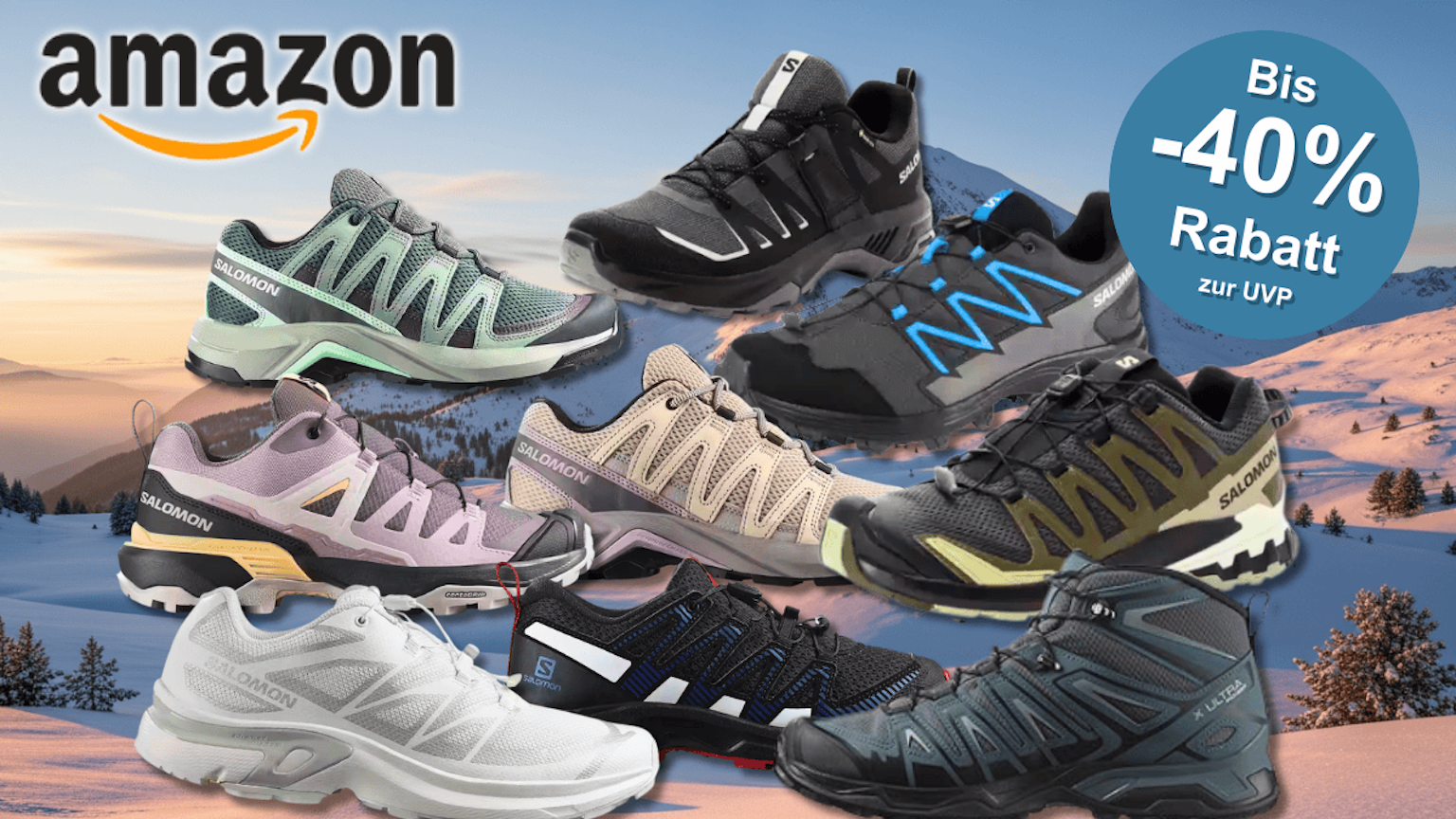 Verschiedene Salomon Sneaker Modelle vor einer Berglandschaft.