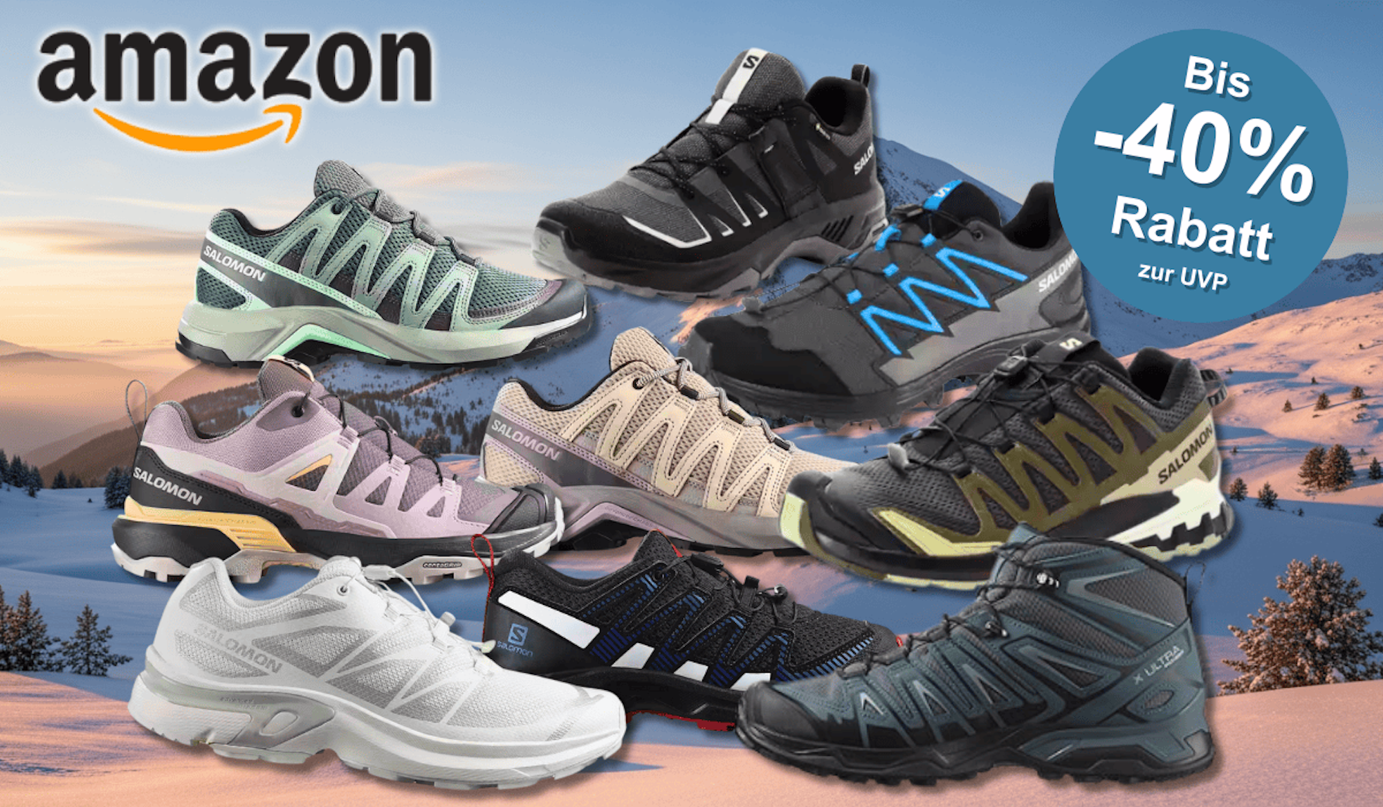 Verschiedene Salomon Sneaker Modelle vor einer Berglandschaft.