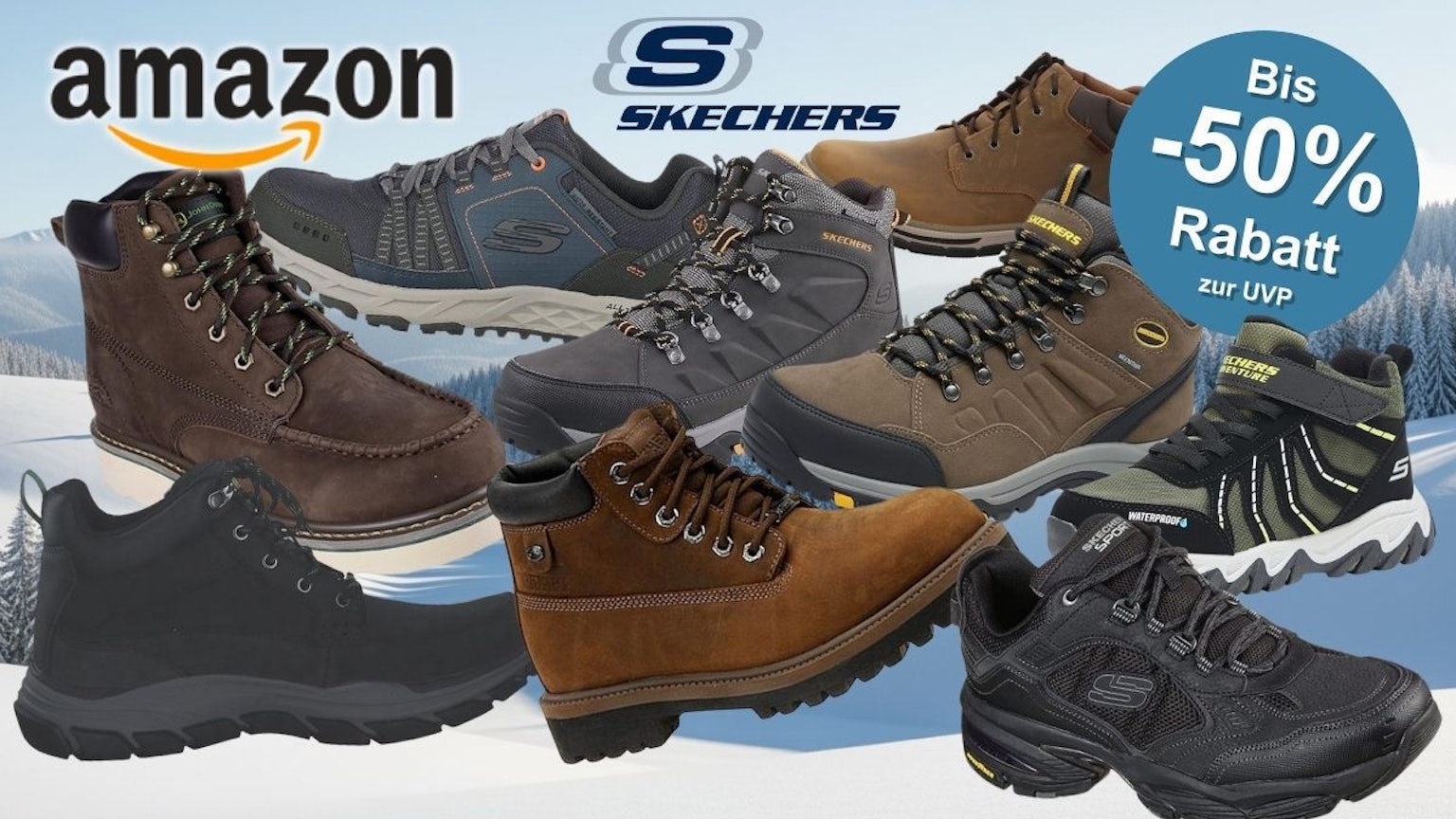 Verschiedene Skechers Winterschuhe, Winterstiefel und Sneaker für Herren vor einer von Schnee bedeckten Naturlandschaft mit Wäldern und Bergen.