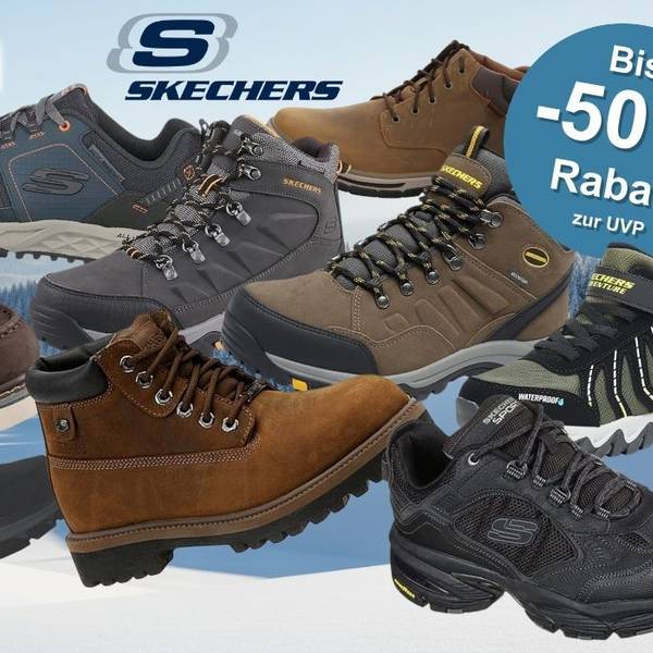 Verschiedene Skechers Winterschuhe, Winterstiefel und Sneaker für Herren vor einer von Schnee bedeckten Naturlandschaft mit Wäldern und Bergen.