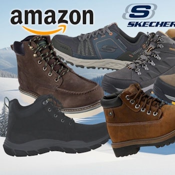 Verschiedene Skechers Winterschuhe, Winterstiefel und Sneaker für Herren vor einer von Schnee bedeckten Naturlandschaft mit Wäldern und Bergen.