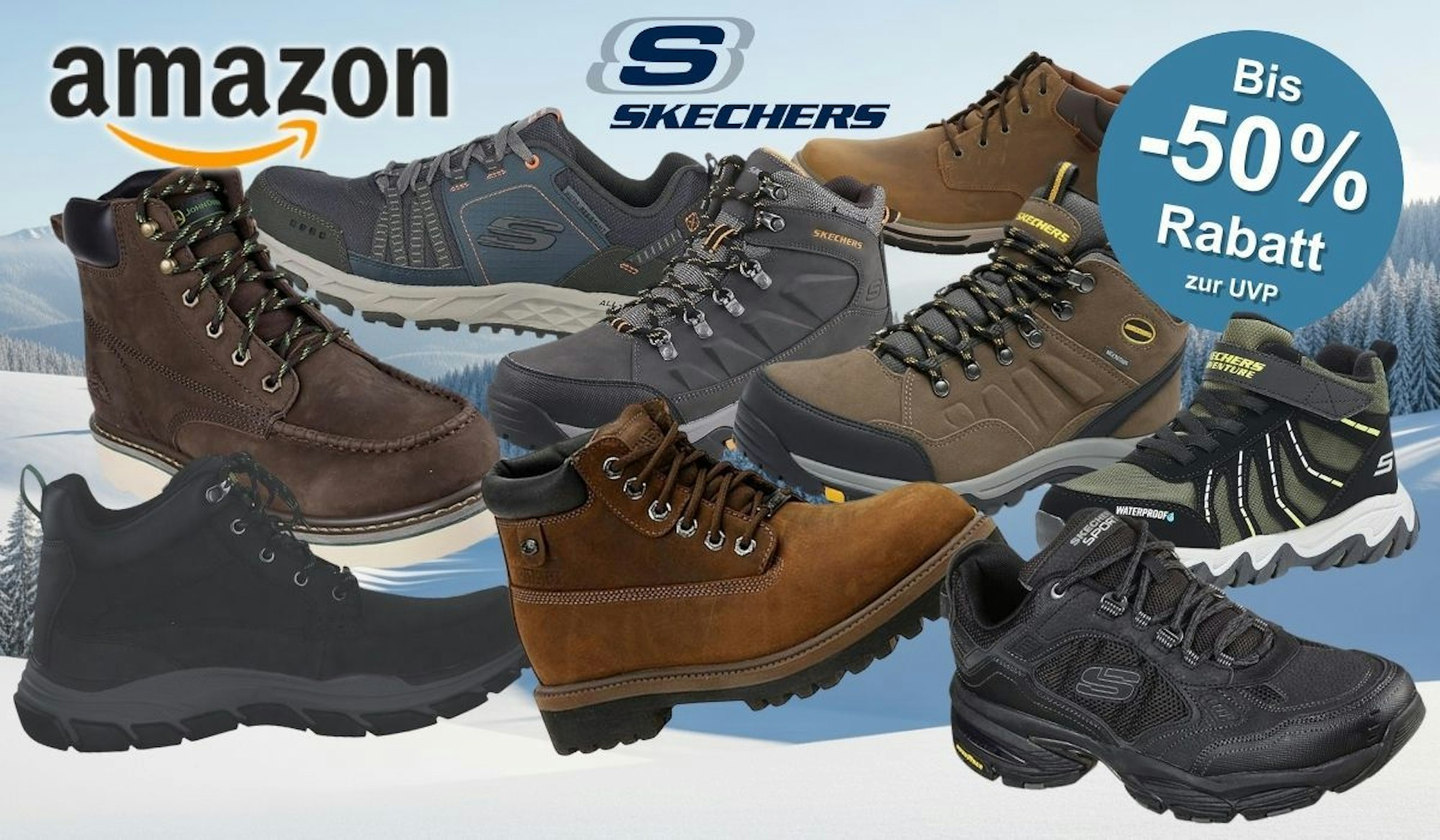 Verschiedene Skechers Winterschuhe, Winterstiefel und Sneaker für Herren vor einer von Schnee bedeckten Naturlandschaft mit Wäldern und Bergen.
