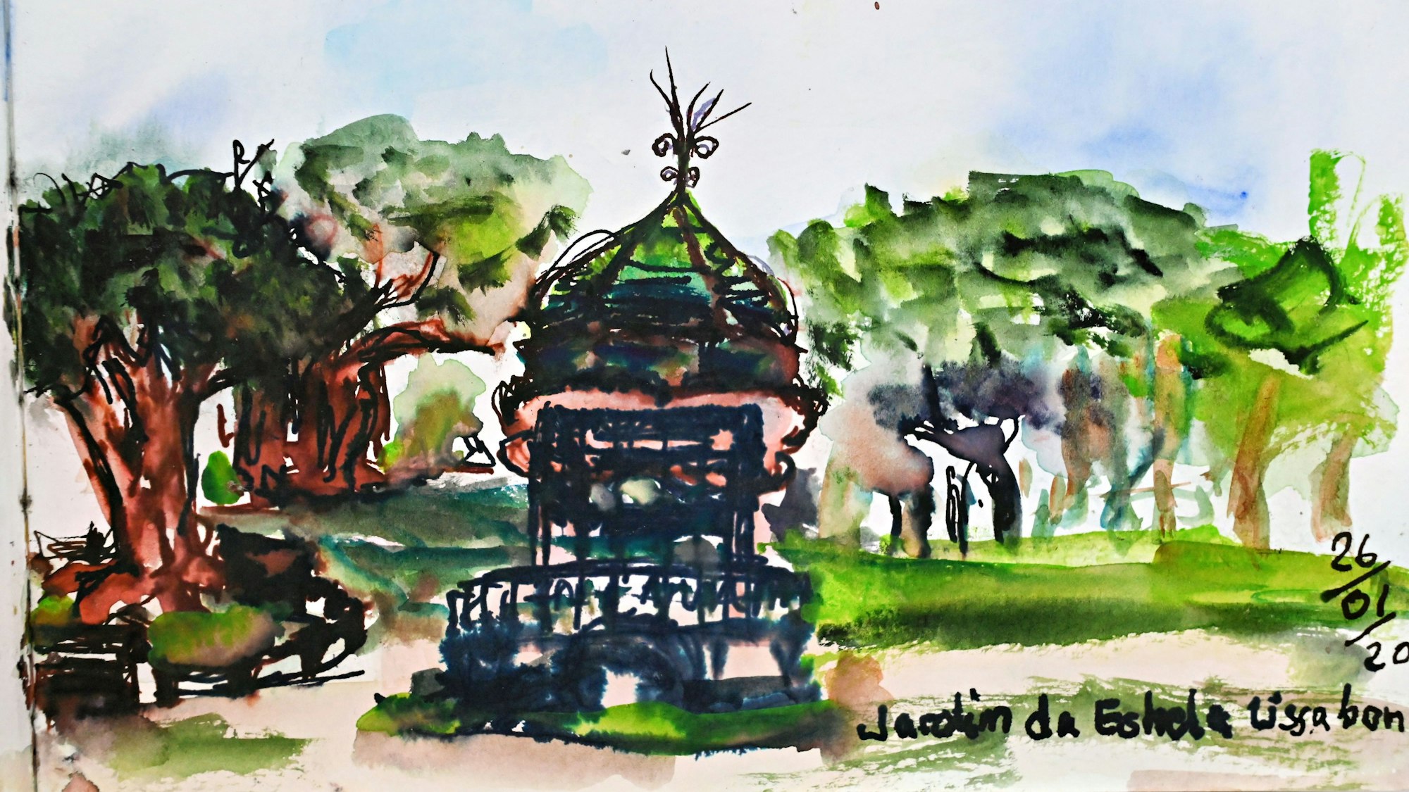 Das Werk der Künstlerin Claudia Clement zeigt einen Pavillion in einer Parklandschaft mit Bäumen.