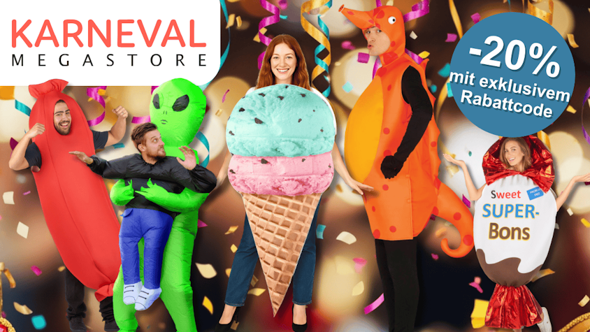 Auf dem Bild sind verschiedene lustige Karnevalskostüme zu sehen, zum Beispiel ein Hot Dog Kostüm, ein Babybel Kostüm, ein Seepferdchen Kostüm, ein Bier Kostüm und mehr. Die Kostüme sind vor einem bunten Hintergrund mit Konfetti platziert.