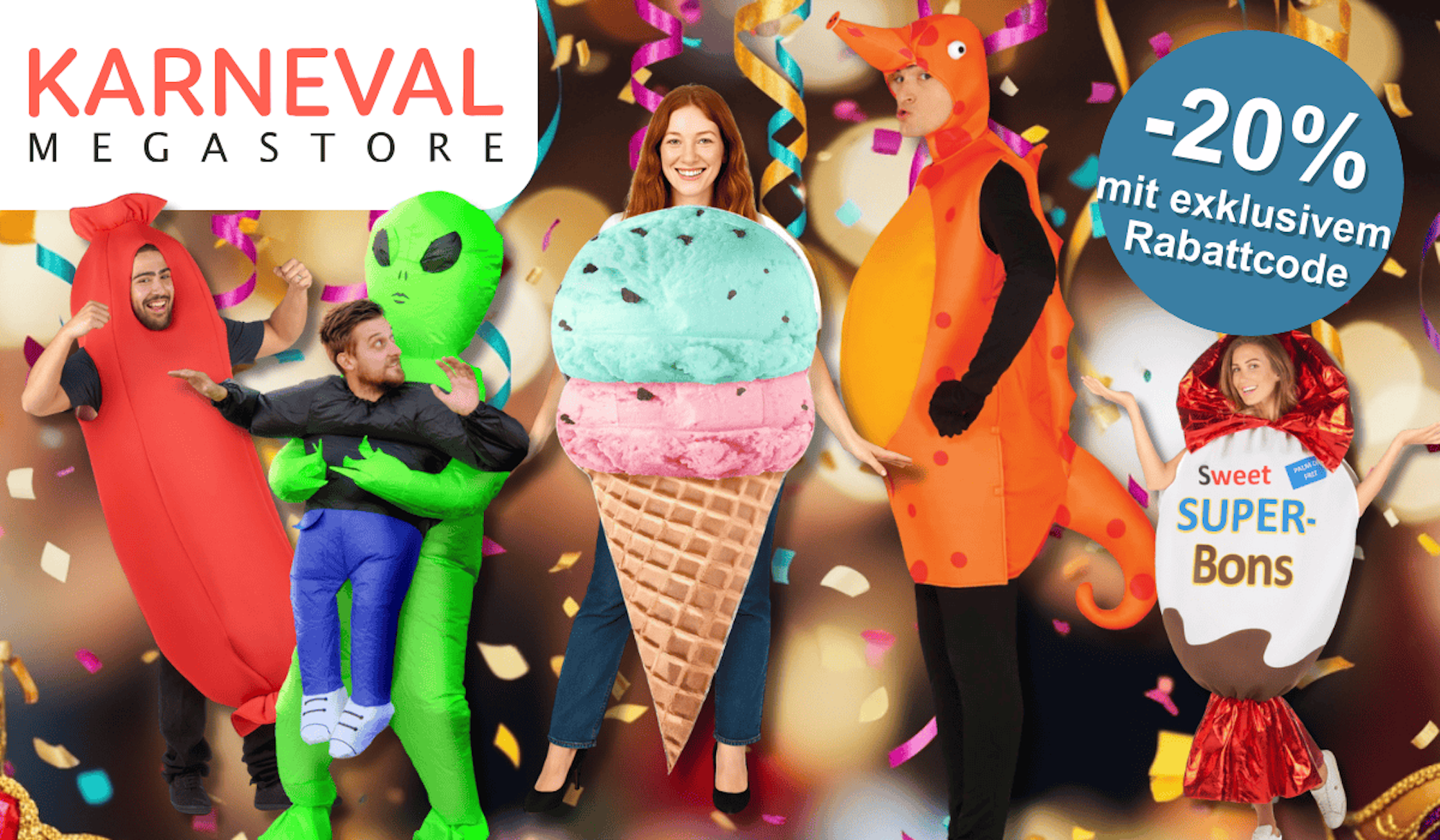 Auf dem Bild sind verschiedene lustige Karnevalskostüme zu sehen, zum Beispiel ein Hot Dog Kostüm, ein Babybel Kostüm, ein Seepferdchen Kostüm, ein Bier Kostüm und mehr. Die Kostüme sind vor einem bunten Hintergrund mit Konfetti platziert.