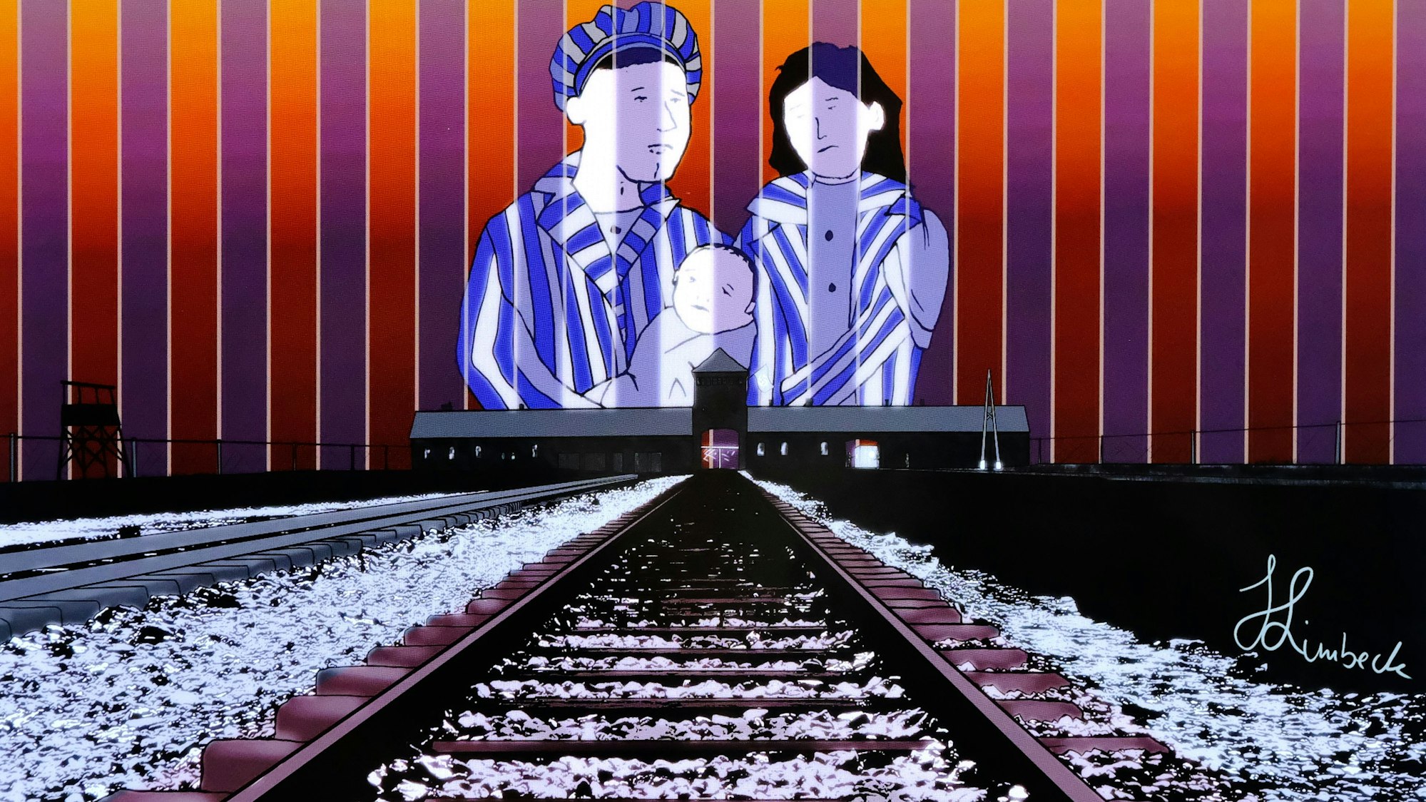 Das Bild einer Graphic Novel zeigt ein Elternpaar in Gefangenenkleidung mit einem Baby über einem Schienenstrang, der ins KZ Auschwitz führt.
