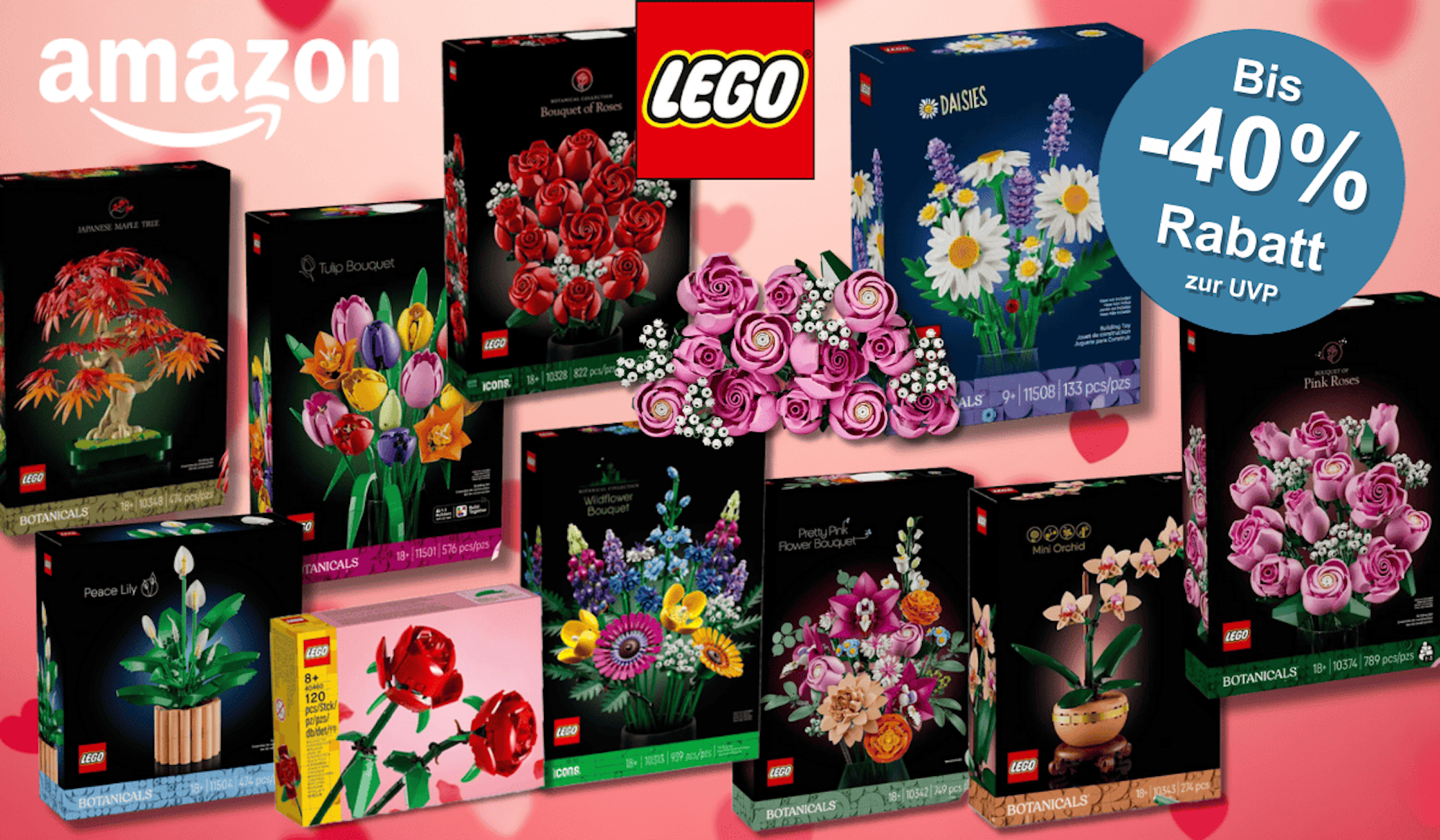 Lego Rosa Rosenstrauß, Schöner Rosafarbener Blumenstrauß, Lego Rosenstrauß und Rosen, Tulpenstrauß, Japanischer Roter Ahorn – Bonsai-Baum, Friedenslilie, Gänseblümchen, Lego Botanicals Mini-Orchidee, Lego Wildblumenstrauß vor Hintergrund einer grünen Wiese.