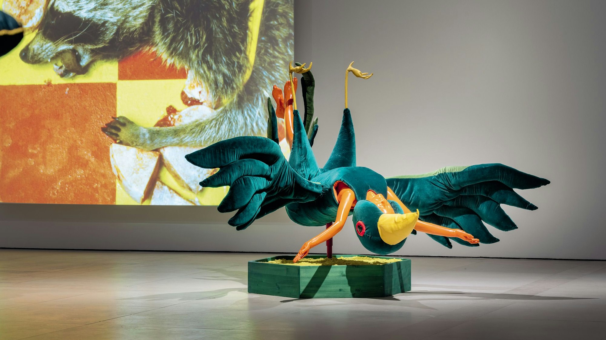 Ein riesiger Plüschvogel liegt vor einer Leinwand.