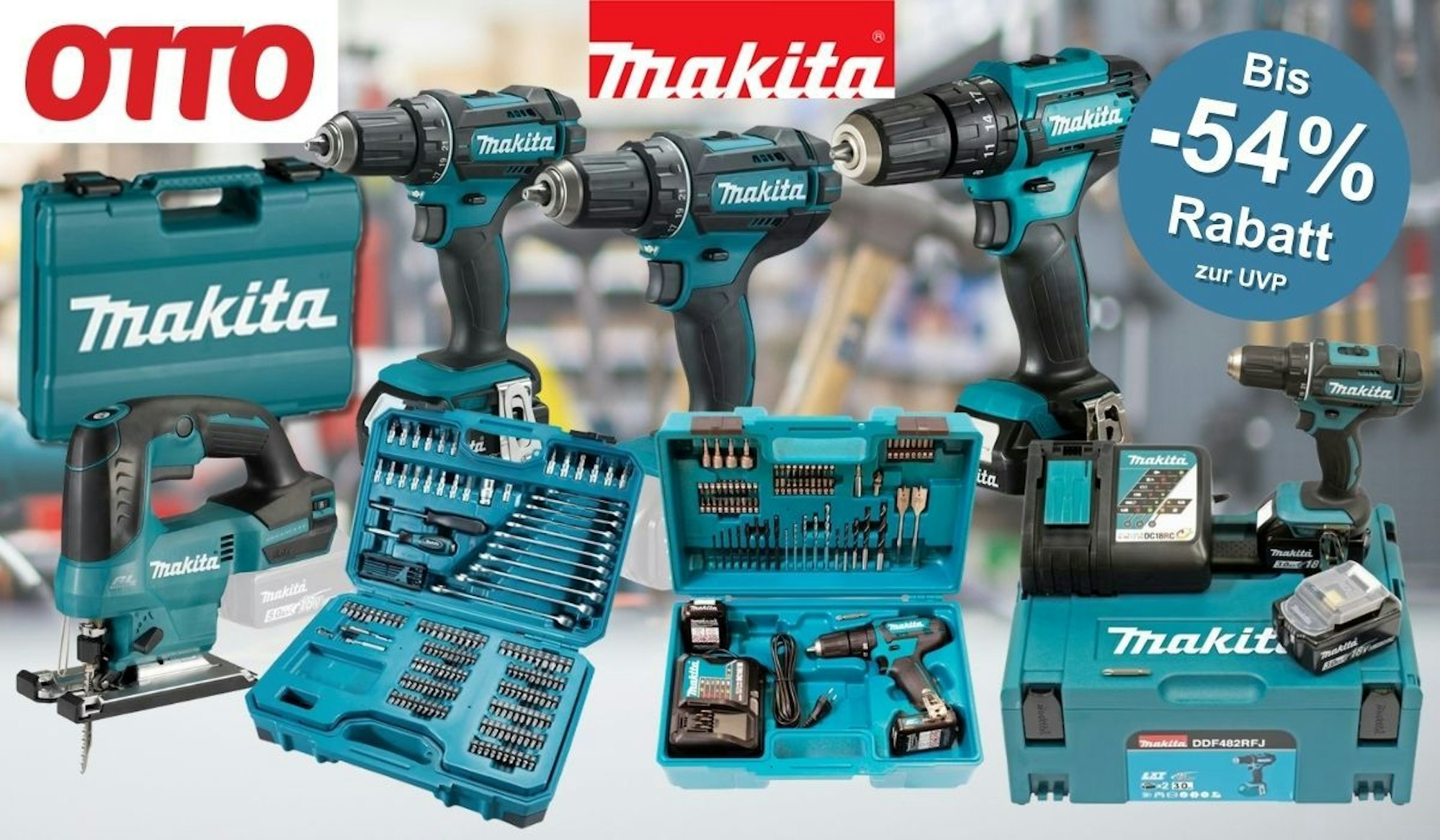 Collage verschiedener Makita Werkzeuge wie Akku-Bohrschrauber, Stichsäge und Zubehör-Sets, daneben OTTO Logo und Makita Logo vor einem Baumarkt Hintergrund.