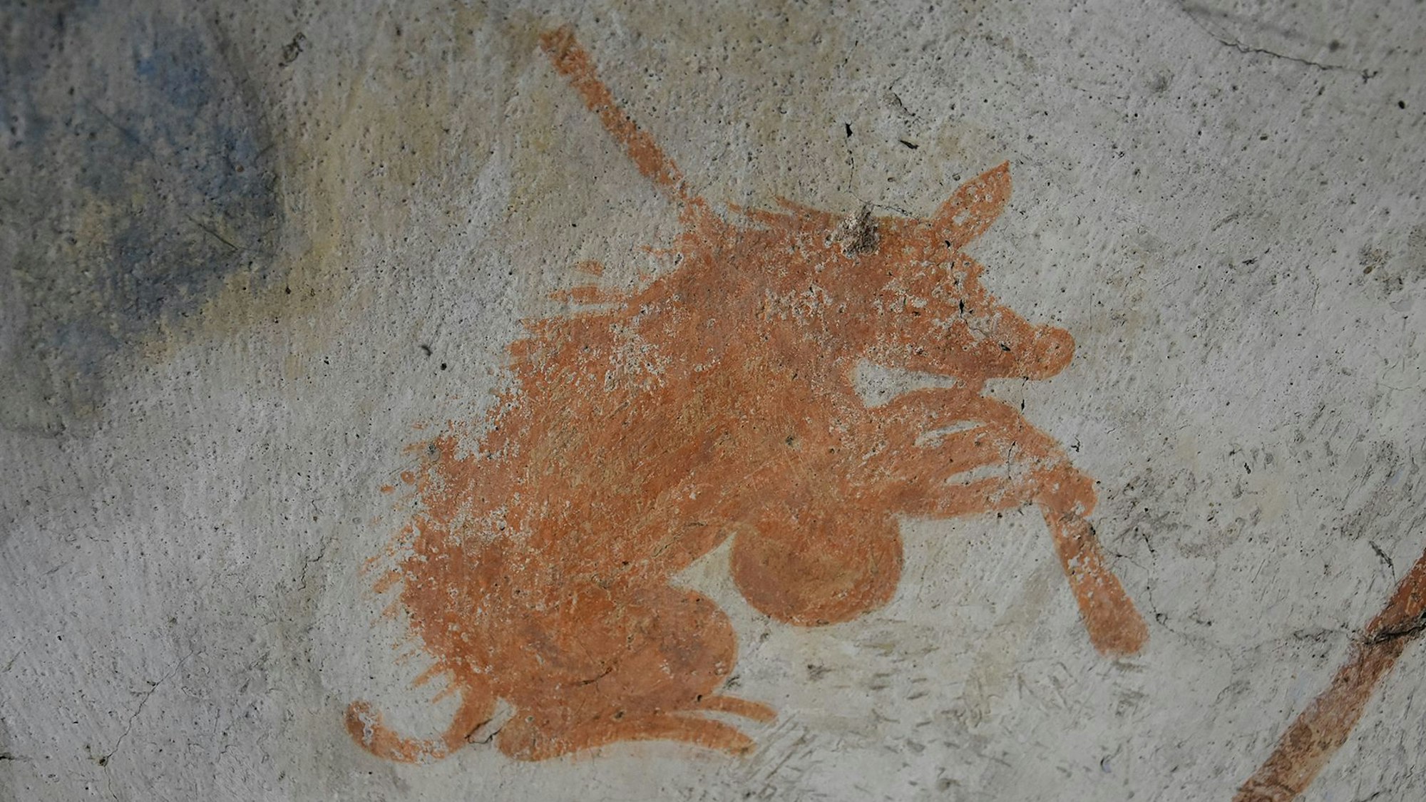 Das Foto zeigt ein Deckengemälde in der Kirche in Marienberghausen, das ein Schwein mit Dudelsack zeigt.