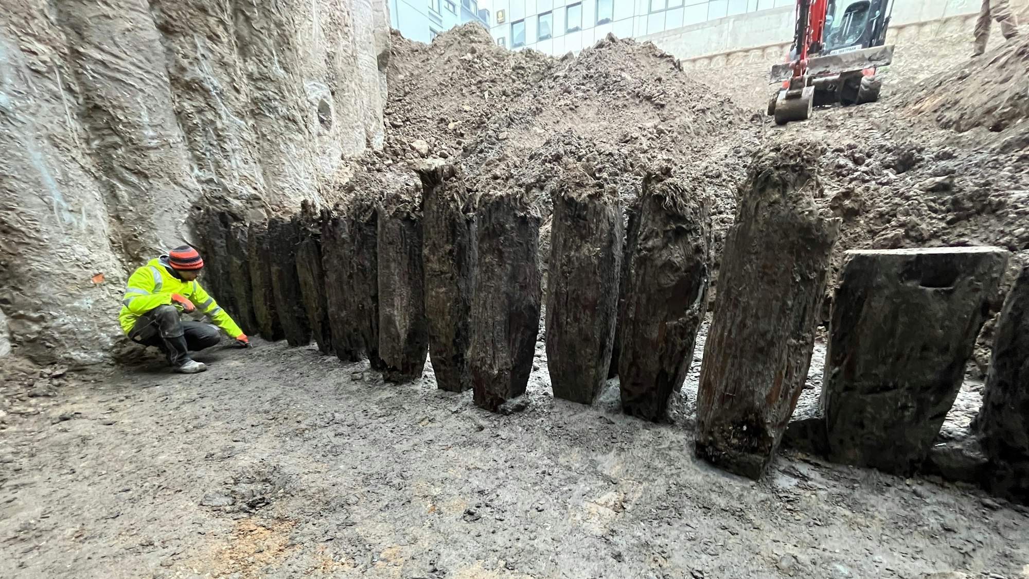 Archäologe vor einer römischen Wand aus Eichenpfählen