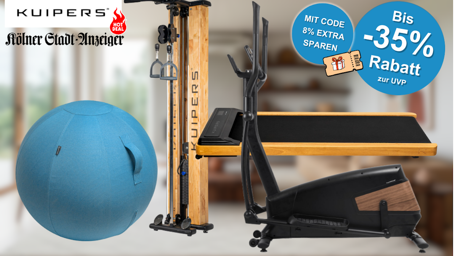 Verschiedene Fitnessgeräte von Kuipers Fitness, darunter ein Laufband und ein Indoor Bike, mit einem Rabatt-Hinweis.