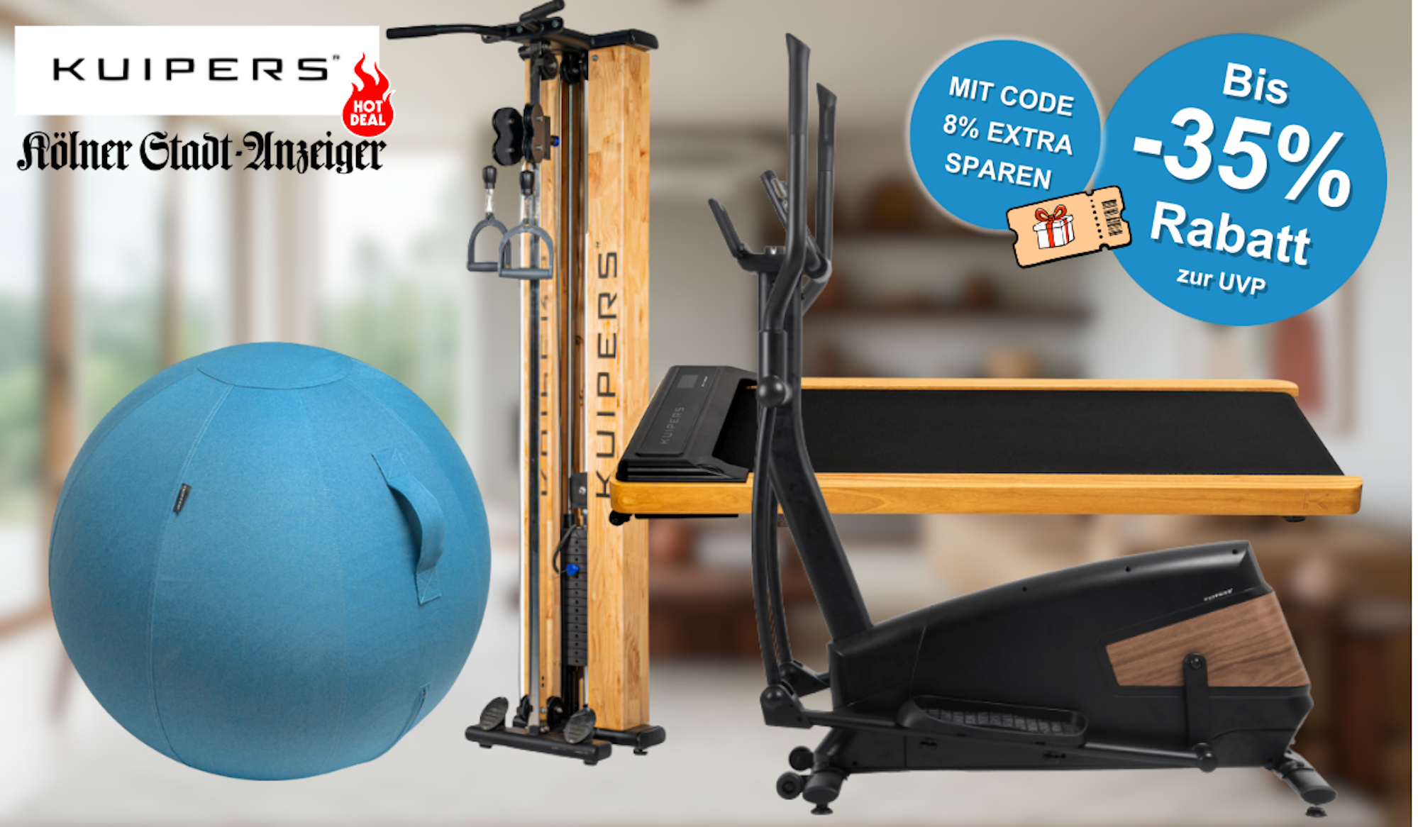 Verschiedene Fitnessgeräte von Kuipers Fitness, darunter ein Laufband und ein Indoor Bike, mit einem Rabatt-Hinweis.