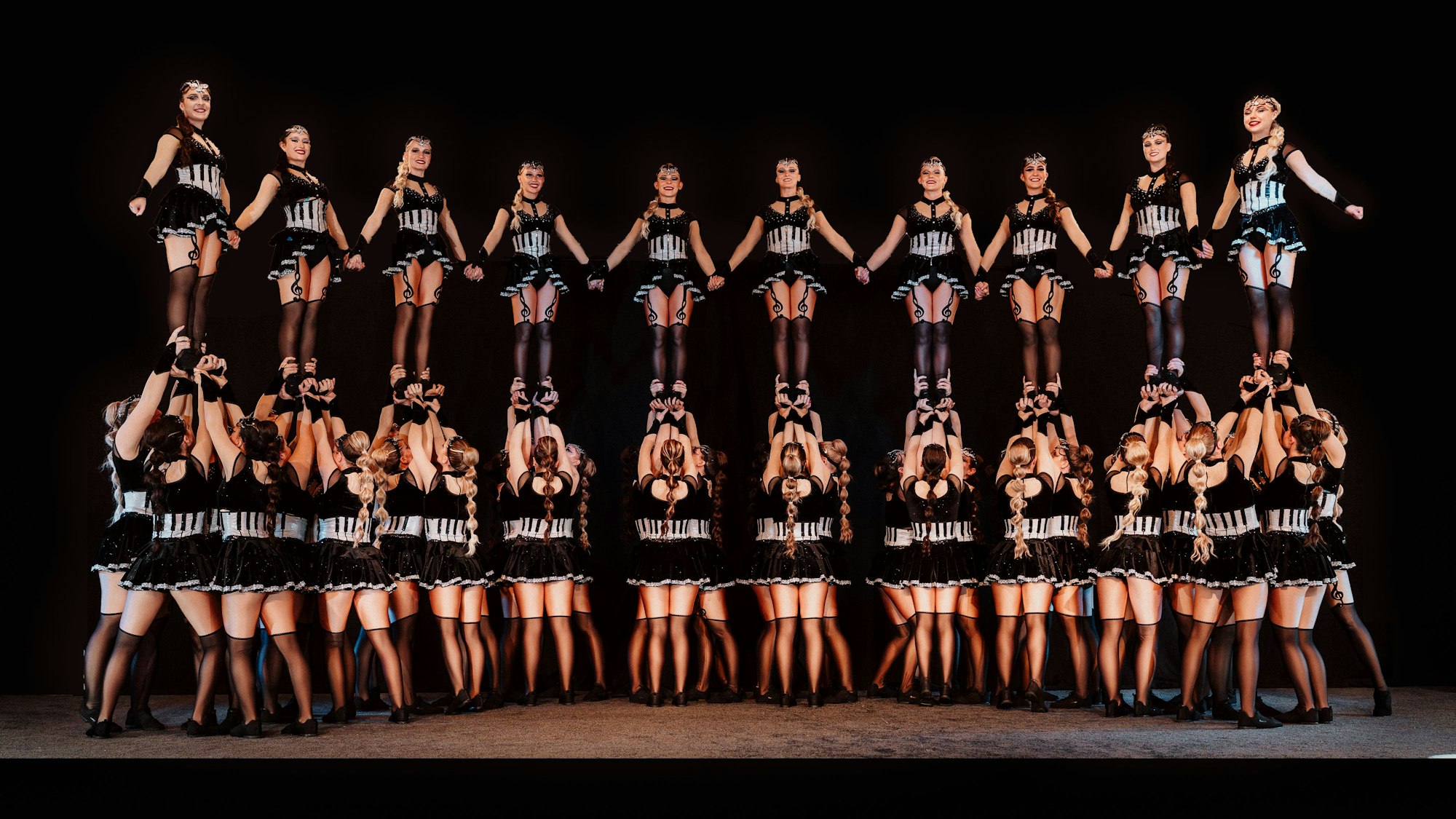 Die Mitglieder der Tanzgruppe haben sich zu einer Menschenpyramide formiert.
