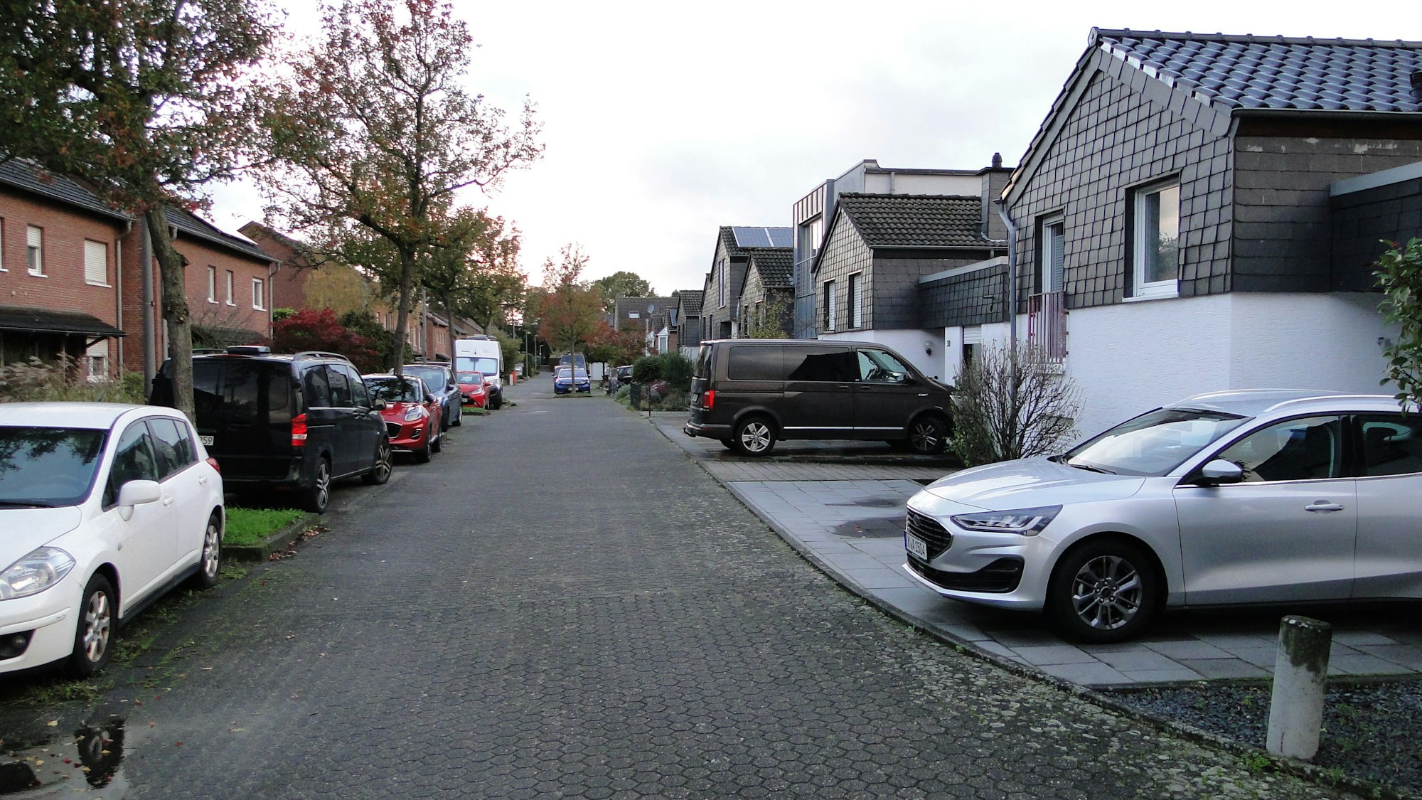 An einer Anwohnerstraße parken vor den einzelnen Grundstücken Autos.