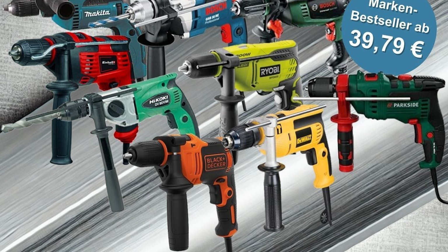 Handliche, kleine und leichte Schlagbohrmaschinen von Marken wie Bosch, Makita, Einhell, DeWalt, Ryobi, Hikoki und Black + Decker vor einem silber-metallischem Hintergrund.