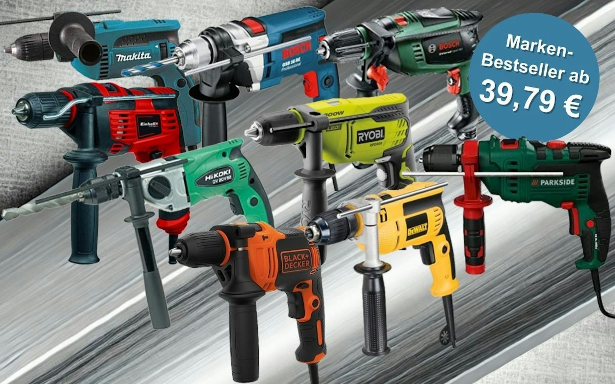 Handliche, kleine und leichte Schlagbohrmaschinen von Marken wie Bosch, Makita, Einhell, DeWalt, Ryobi, Hikoki und Black + Decker vor einem silber-metallischem Hintergrund.