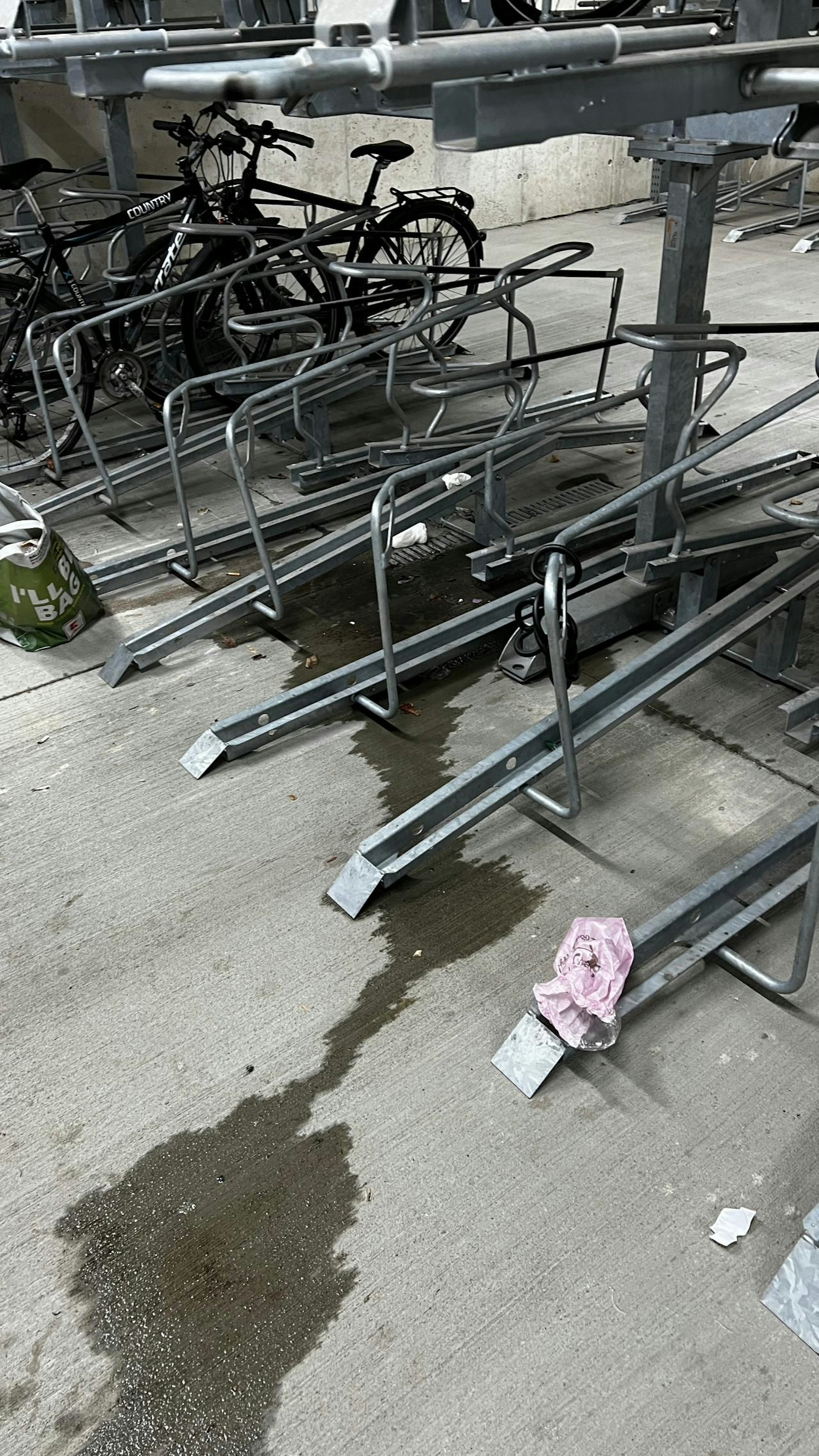 Das Foto zeigt eine Fahrradstation, in der Müll liegt. Eine Pfütze ist zu sehen.