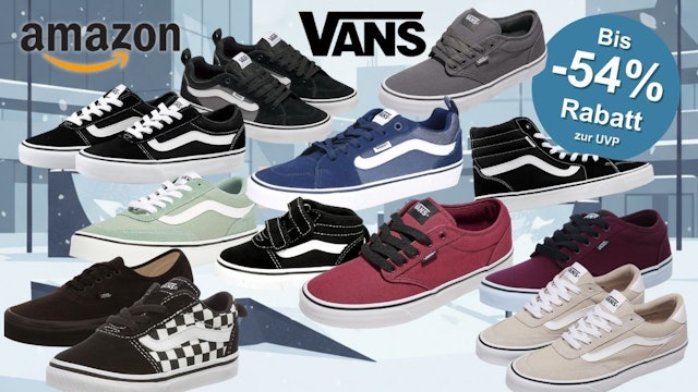 Vans Sneaker Modelle wie Vans Ward, Brooklyn oder Filmore in unterschiedlichen Farben vor einem comicartigen Hintergrund einer verschneiten Innenstadt mit Skater Halfpipe und Hochhäusern.
