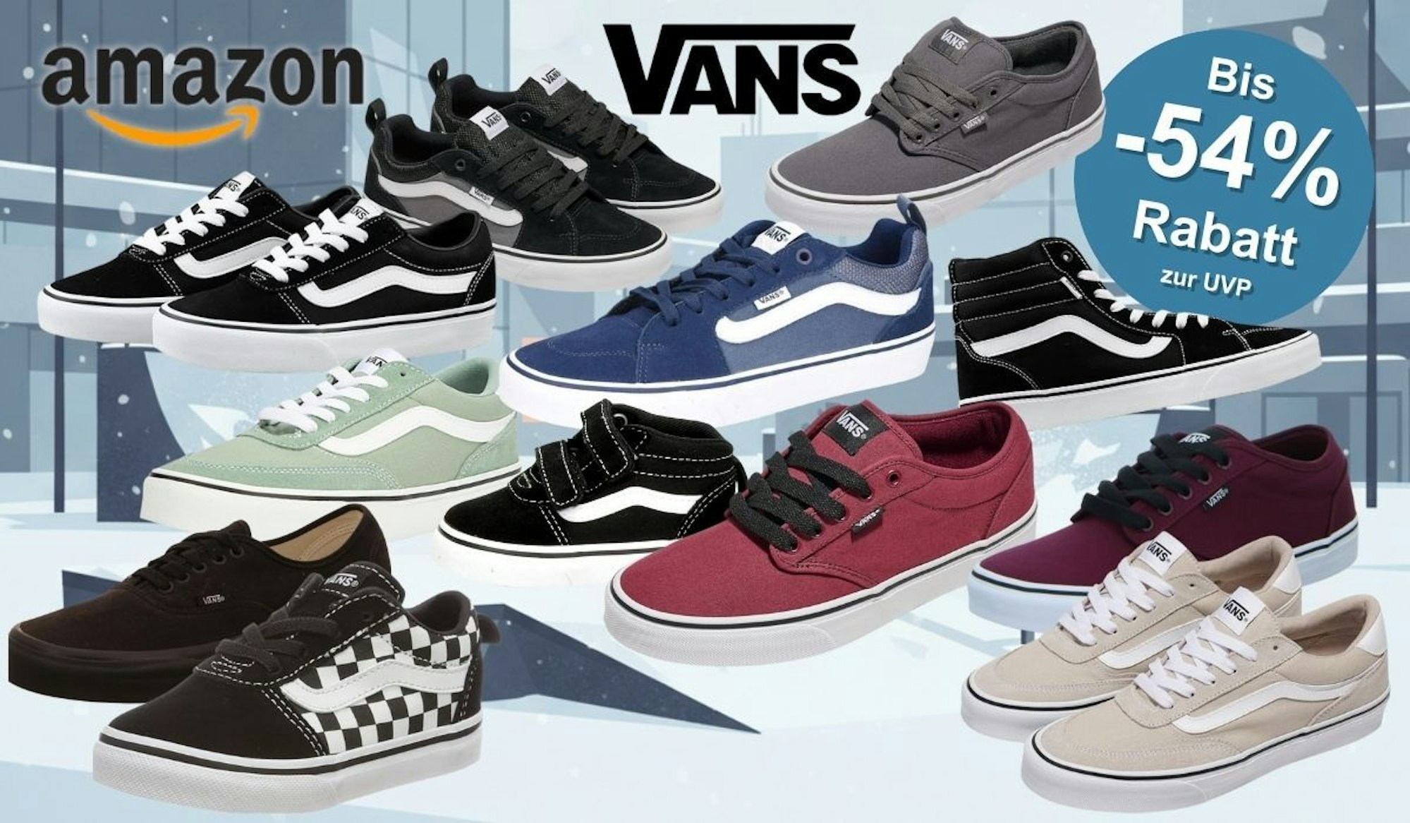 Vans Sneaker Modelle wie Vans Ward, Brooklyn oder Filmore in unterschiedlichen Farben vor einem comicartigen Hintergrund einer verschneiten Innenstadt mit Skater Halfpipe und Hochhäusern.