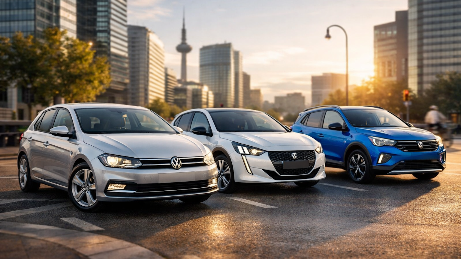 Drei verschiedene Automodelle in Silber und Blau stehen auf der Straße in einer Großstadt mit Hochhäusern.