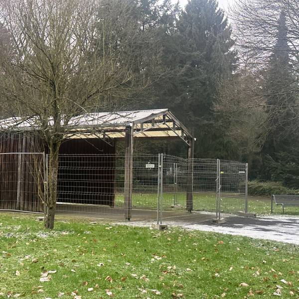 Der Unterstand, der auf dem Friedhof Steinneuerhof als Trauerhalle dient, wurde provisorisch eingezäunt.