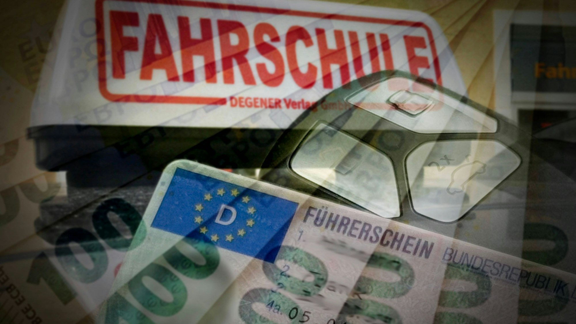 Zu sehen sind ein Führerschein, Geldscheine und einen Hinweis auf eine Fahrschule.