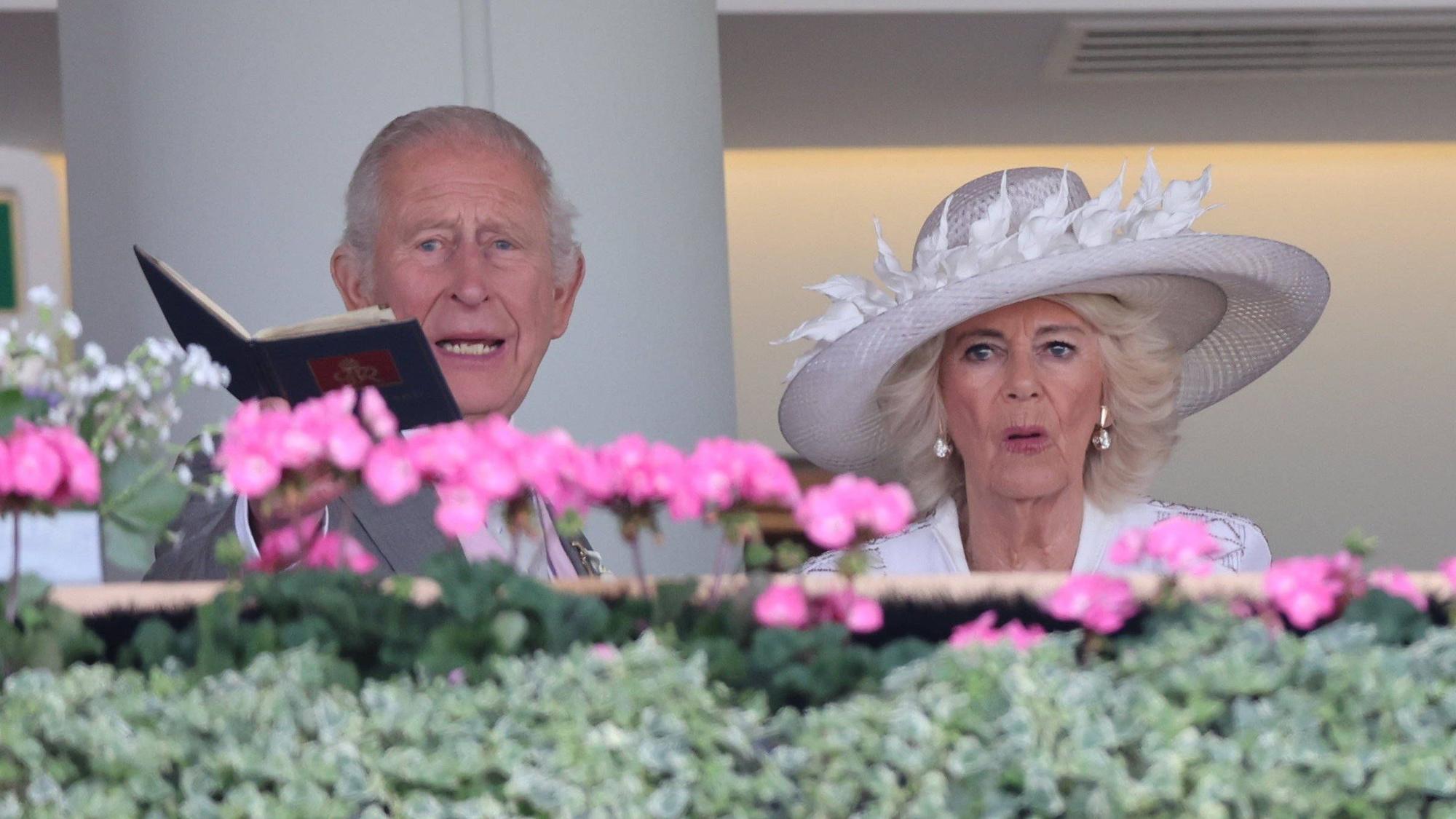 König Charles III und Königin Camilla mit Blumen.