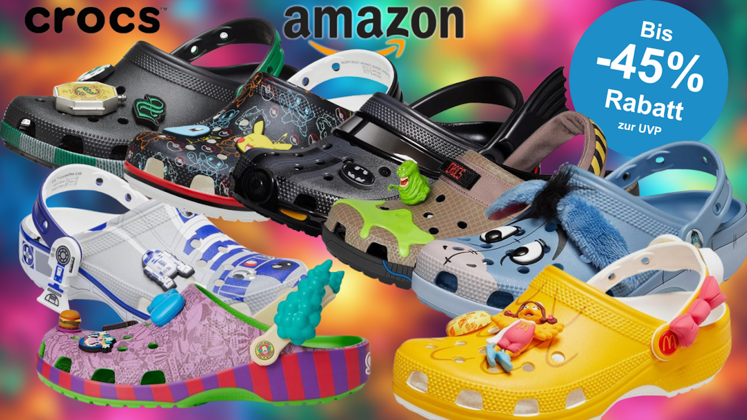 Verschiedene thematische Crocs-Modelle, darunter Designs von den Simpsons und Harry Potter.