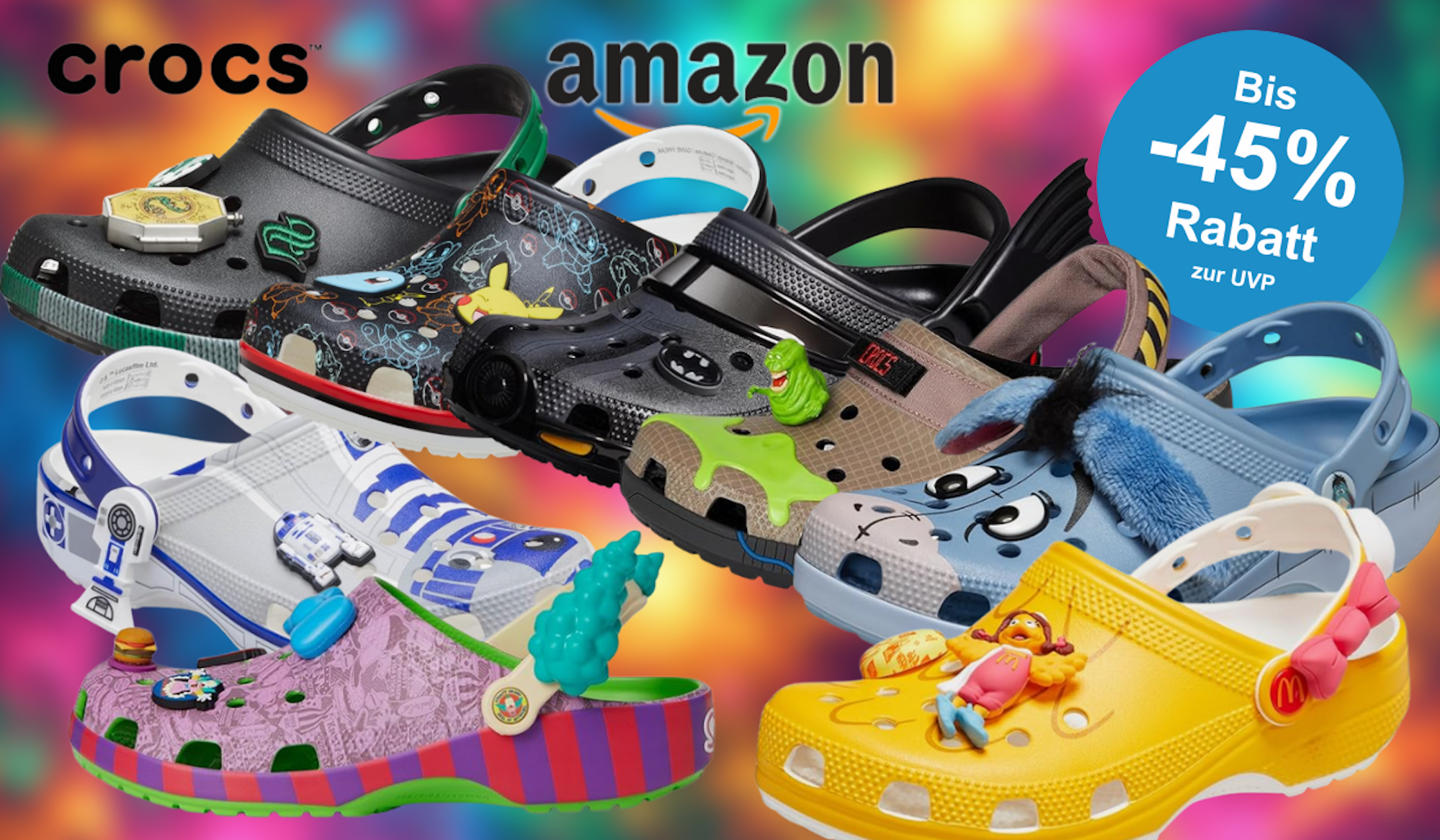 Verschiedene thematische Crocs-Modelle, darunter Designs von den Simpsons und Harry Potter.