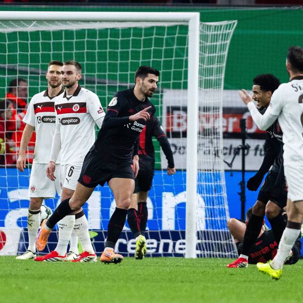 Leverkusen, Bayarena, 03.03.2026: Martin Terrier of Leverkusen celebrates scoring the 1:0 goal during the DFB Pokal match Bayer 04 Leverkusen vs. FC St. Pauli. *** Leverkusen, Bayarena, 03 03 2026 Martin Terrier of Leverkusen celebrates scoring the 1 0 goal during the DFB Pokal match Bayer 04 Leverkusen vs FC St Pauli