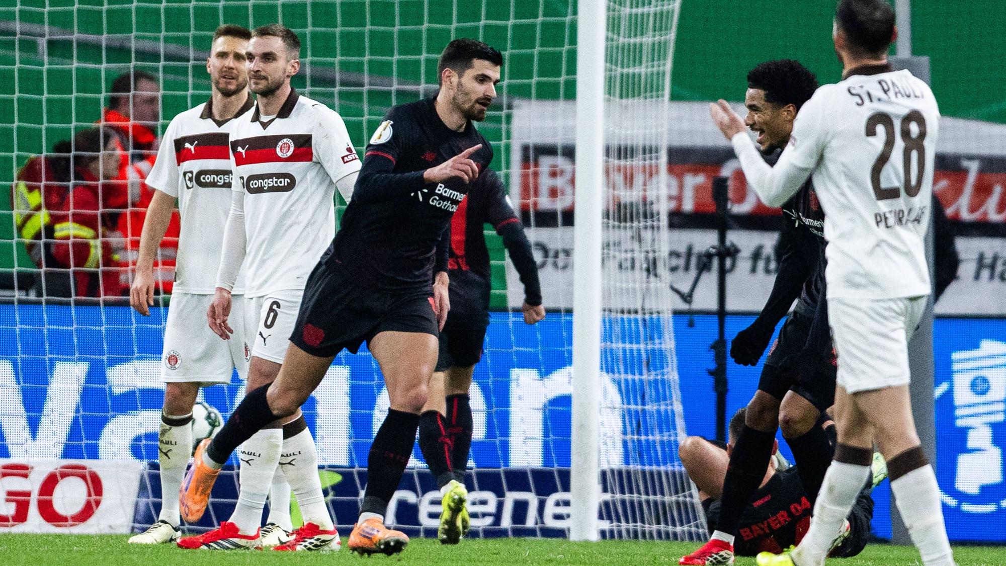 Leverkusen, Bayarena, 03.03.2026: Martin Terrier of Leverkusen celebrates scoring the 1:0 goal during the DFB Pokal match Bayer 04 Leverkusen vs. FC St. Pauli. *** Leverkusen, Bayarena, 03 03 2026 Martin Terrier of Leverkusen celebrates scoring the 1 0 goal during the DFB Pokal match Bayer 04 Leverkusen vs FC St Pauli