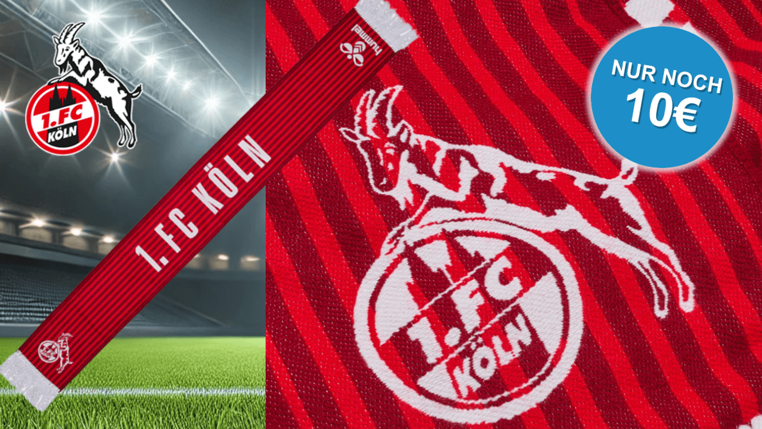 Fotomontage zur Rabattaktion des FC Köln: Ein Fanschal mit der Aufschrift 'NUR 10€' liegt vor dem Kölner Stadion.