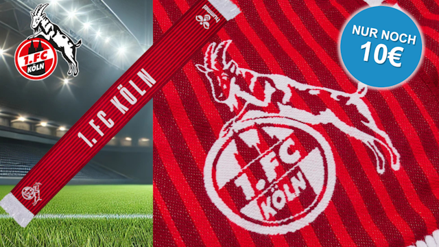 Fotomontage zur Rabattaktion des FC Köln: Ein Fanschal mit der Aufschrift 'NUR 10€' liegt vor dem Kölner Stadion.