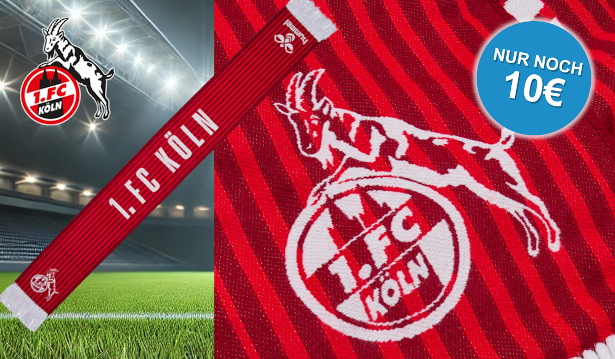 Fotomontage zur Rabattaktion des FC Köln: Ein Fanschal mit der Aufschrift 'NUR 10€' liegt vor dem Kölner Stadion.