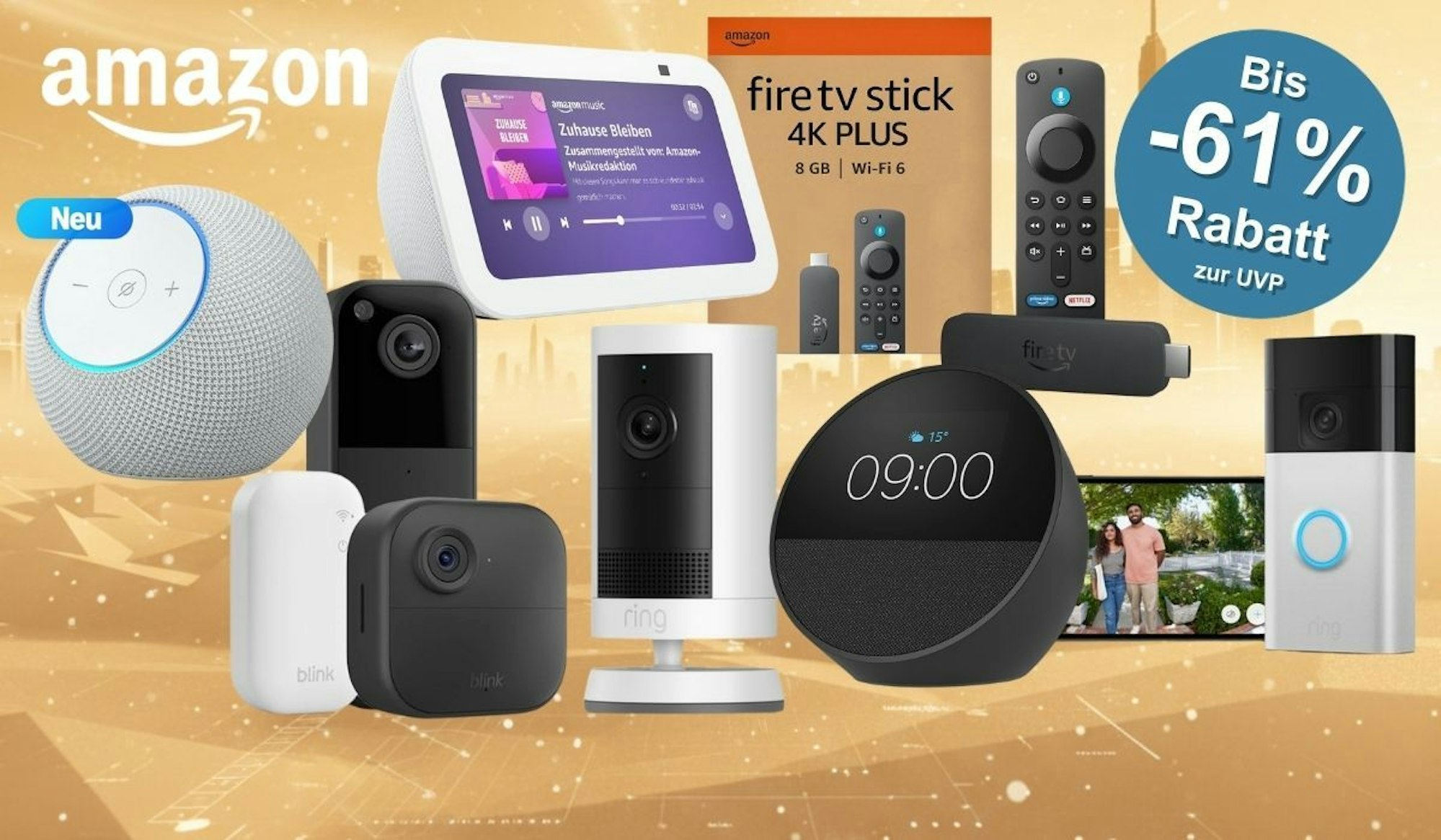 Amazon Geräte wie Echo Dot Max über Kindle und Ring und Blink Kamera bis hin zum Fire TV Stick 4K Plus vor einem digitalen Hintergrund mit gelben urbanen Elementen wie Hochhäusern