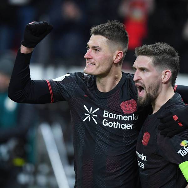 03.02.2026, xophax, Fussball , DFB - Pokal , Viertelfinale, 2025 / 2026 , Bayer Leverkusen gegen FC St.Pauli. Jubel nach dem 2z u0 für Bayer 04. Torschütze Patrick Schick , links und Robert Andrich, rechts beide Bayer 04 Leverkusen *** 03 02 2026, xophax, Fußball , DFB Pokal , Quarterfinal, 2025 2026 , Bayer Leverkusen vs FC St Pauli cheering after the 2z u0 for Bayer 04 goal scorer Patrick Schick , left and Robert Andrich, right both Bayer 04 Leverkusen