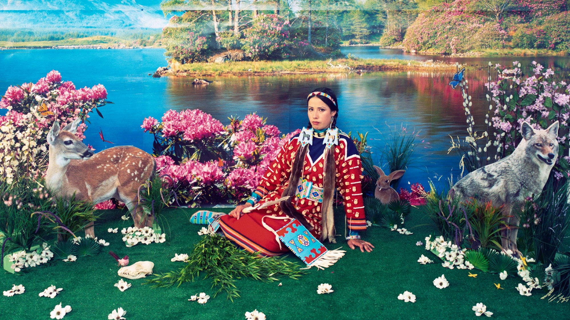 Wendy Red Star sitzt in einer kitschigen Naturkulisse.